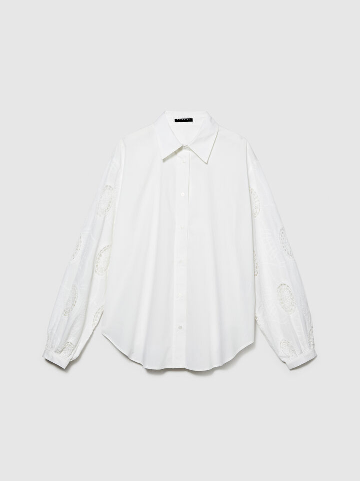 Shirt with embroidered and knotted sleeves - women's shirts - White | Sisley image number 6
